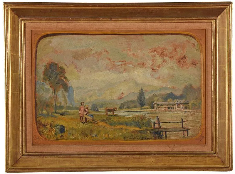 Delaware Water Gap by Louis Michel Eilshemius, 1915, oil on pressed paper board, sold Aug 2020