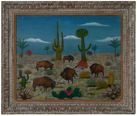 Lawrence Lebduska, Buffalo and Cacti, oil on Masonite