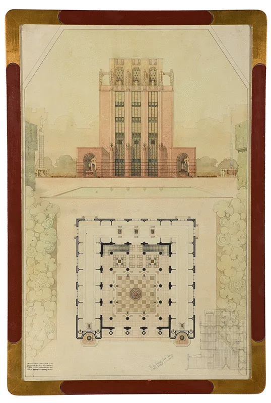 Luther Lashmit, Two architectural works: original competition design for the United States Pavilion, Esposition des Arts Decoratifs, Fontainebleau, 1925, ink