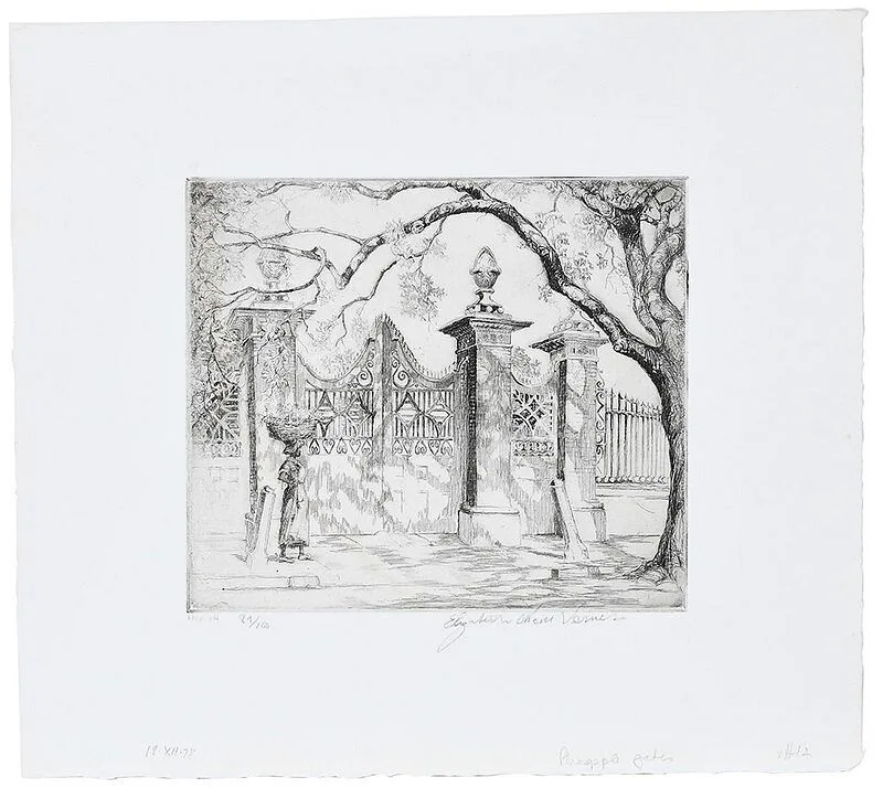 Pineapple Gate by Elizabeth O'Neill Verner, 1927, etching, sold Aug 2020