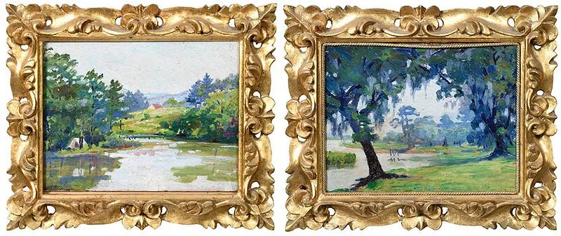 Two landscapes, one signed verso "Emma Gilchrist", the other by Emma S. Gilchrist, oil on board, sold Aug 2020