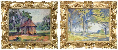 Two Low Country landscapes, one signed verso "Emma Gilchrist May 1919", one inscribed verso, "April 20th by Emma S. Gilchrist, oil on board, sold Aug 2020