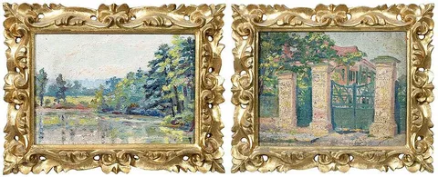 Two scenes, one a Charleston gate and home by Emma S. Gilchrist, oil on board, sold Aug 2020