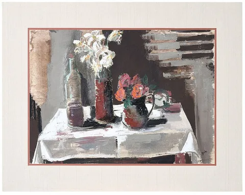 Karl Zerbe, Still Life with Wine and Flowers, gouache and oil on fibrous paper