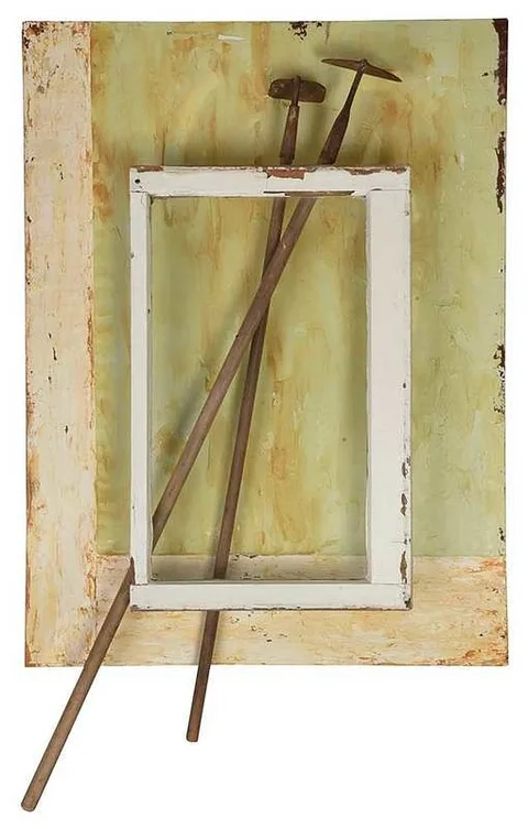 Two Hoes by Willie Little, 2001, acrylic with multimedia constructions, sold Jul 2020