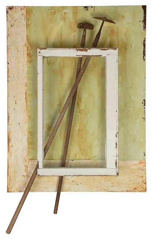Two Hoes by Willie Little, 2001, acrylic with multimedia constructions, sold Jul 2020