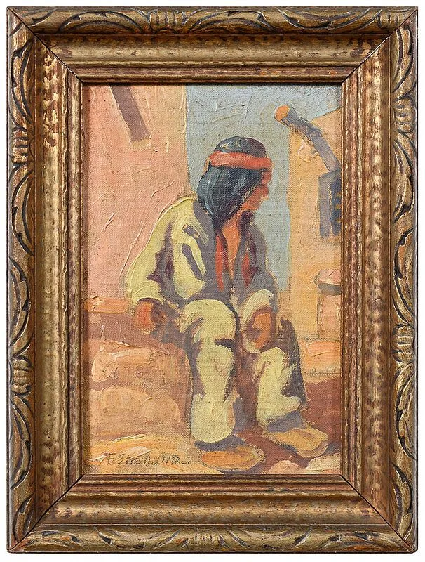 Seated Native American by Franz Strahalm, oil on canvas board, sold Jul 2020