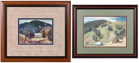 Howard Murry, Two works depicting Barns with pasture and Hillside Cabin, oil on canvas