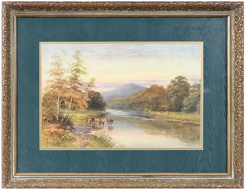 On the Conway, cows watering in the evening light by Harold Lawes, watercolor, sold Jul 2020