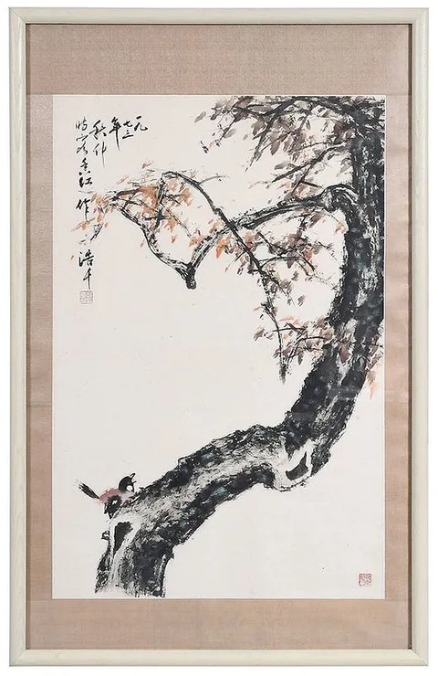 Cheng Haw-Chien, - Bird on Tree Trunk, ink and color on paper