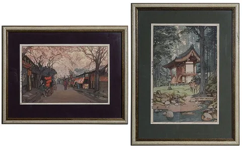 Hiroshi Yoshida, - Two prints: "Temple in the Wood, color woodblock on paper