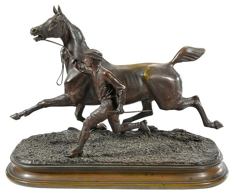 Eduard Guy Comte du Passage, Horse with His Trainer, patinated bronze
