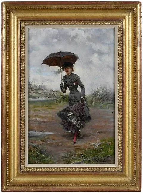 Ludovico Marchetti, Jeune Parisienne au Parapluie, oil on panel