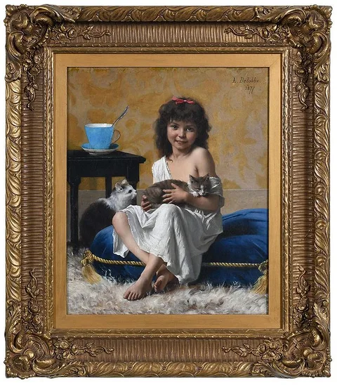 François-Alfred Delobbe, Young Girl with Kittens, 1877, oil on canvas