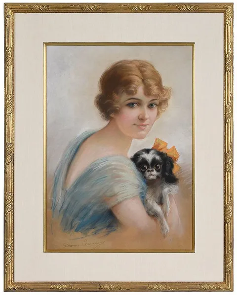 Diana Coomans, Portrait of a Young Woman with a Pekinese Dog, pastel on paper