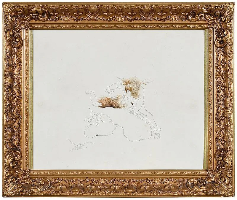 Three Nudes by Benjamín Cañas, 1973, ink and oil on canvas board, sold May 2020