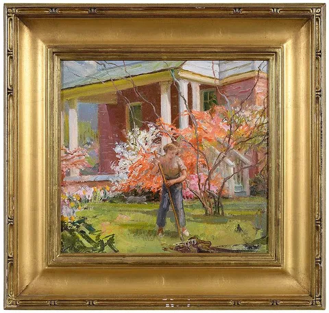 Gladys Nelson Smith, Raking the yard, oil on board