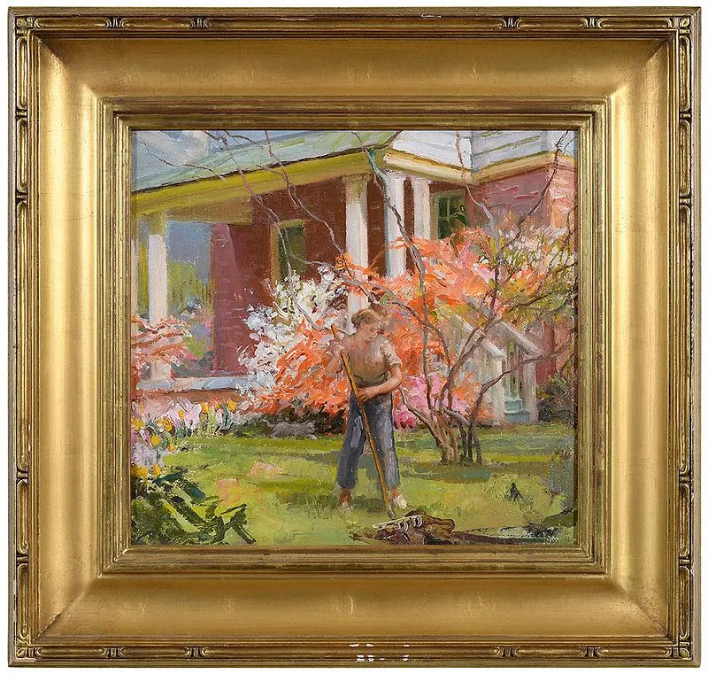 Gladys Nelson Smith, Raking the yard, oil on board