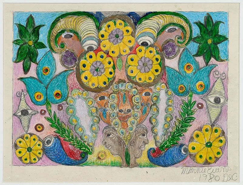 Minnie Evans, Untitled (Eyes, Faces and Flora), mixed media on illustration board