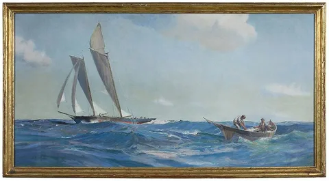 John Prentiss Benson, Sailing Scene, mixed media on heavy paper