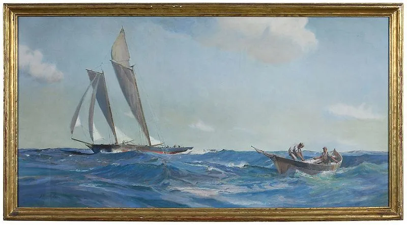 John Prentiss Benson, Sailing Scene, mixed media on heavy paper