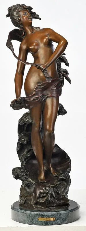 Auguste Moreau, Birth of the Pearl, patinated bronze with green marble base