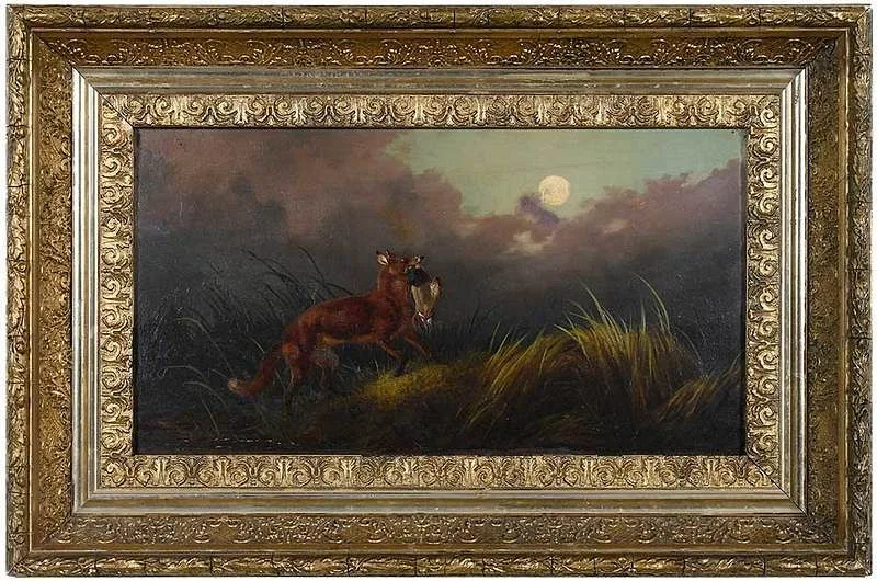 Fox with a Duck by Robert Henry Roe, oil on panel, sold Mar 2020