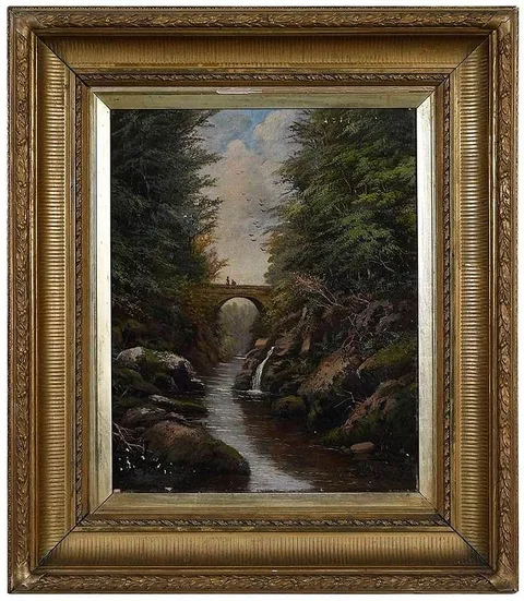 John Blake McDonald, Figures on a Bridge, possible signature remnants lower left, oil on canvas