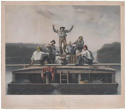 George Caleb Bingham, The Jolly Flat Boat Men, 1847, hand colored mezzotint