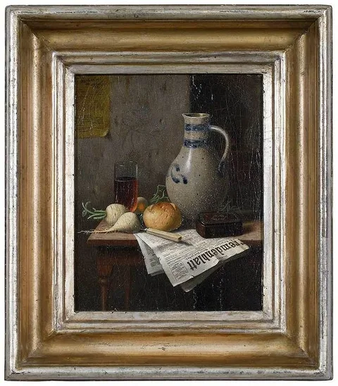 William Harnett, Still Life with Jug, Bread and Newspaper, 1881, oil on canvas