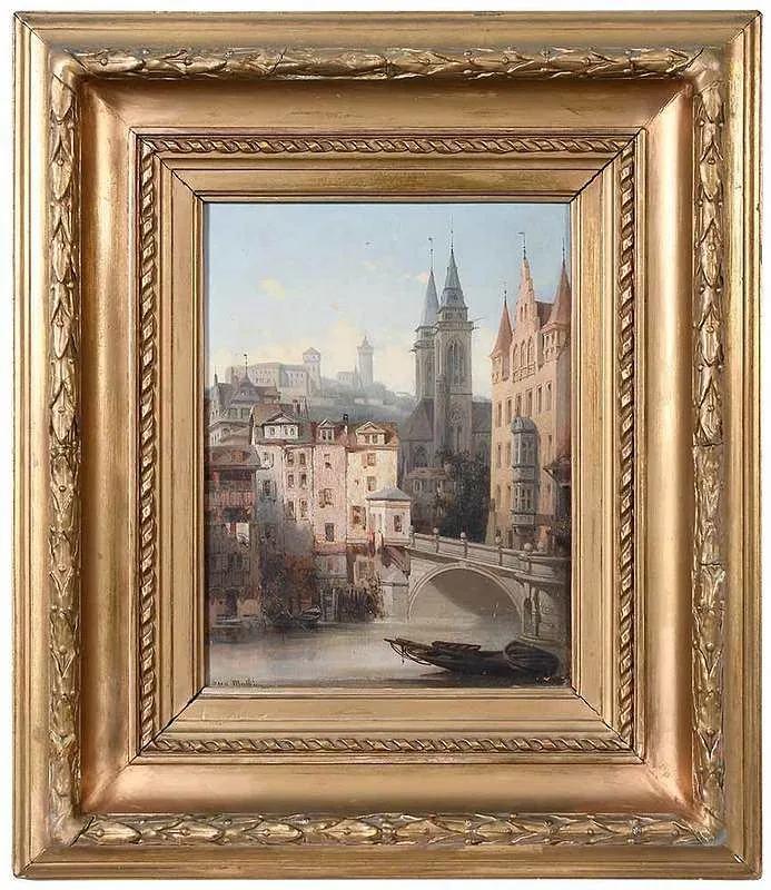 Auguste Mathieu, Village Scene, oil on cradled panel
