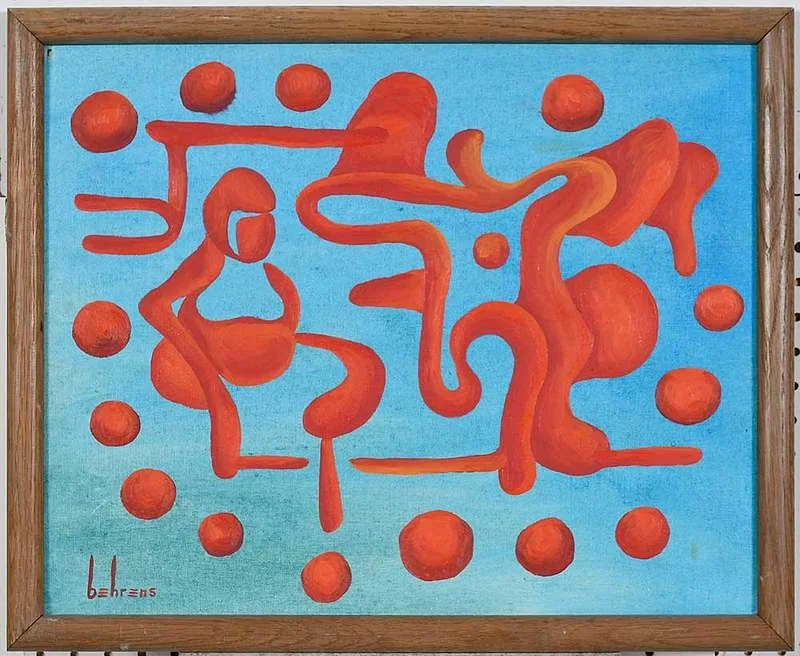 Abstract Composition With Red Organic Form on Blue Ground by Untitled Abstract, acrylic on canvas board, offered Mar 2020