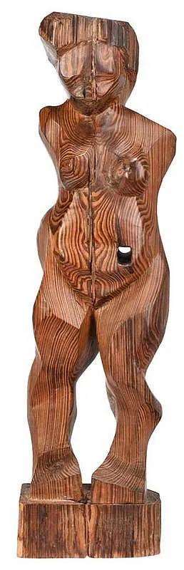 Nude by Israel Jack Levitan, carved yellow pine said to be hewn from a tie for the 3rd Ave El track, sold Mar 2020