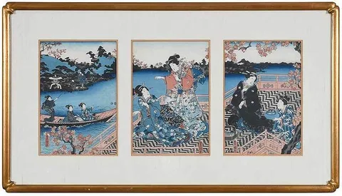 Utagawa Kunisada I, outdoor party scene, triptych, woodblock print