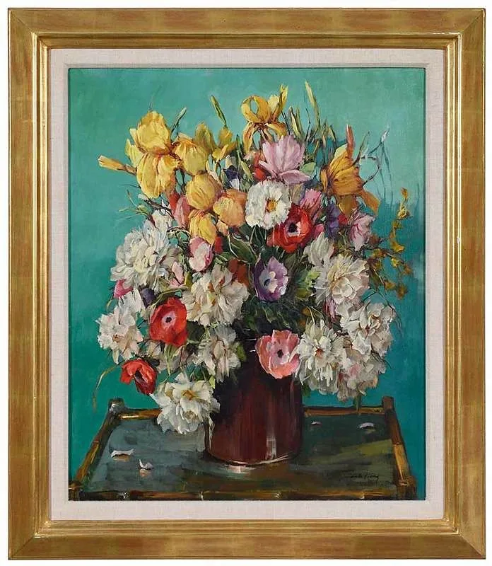 Della Roberts, Spring Flowers on Bamboo Table,˜signed lower right "Della Roberts, oil on canvas