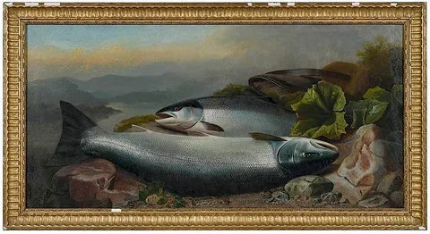 John Bucknell Russell, Salmon on a River Bank, oil on canvas