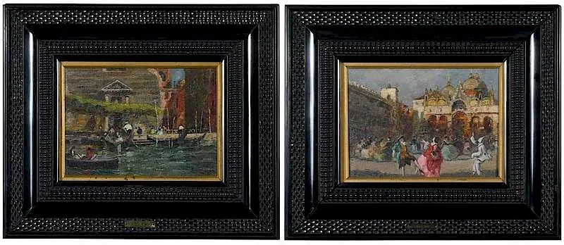 Erma Zabo, Two Venetian Scenes: Carnevalata, Il Traghetto, both signed "E. Zago, oil on plywood