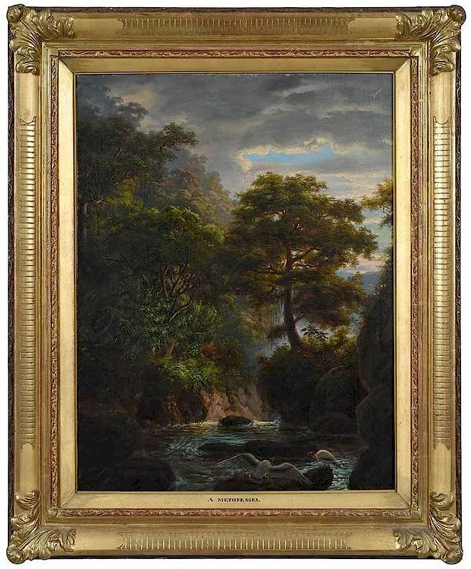 Adolf Methfessel, South American Jungle Landscape with King Vultures, oil on canvas