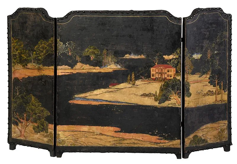 Dorothy Thomson Waring, Firescreen View of Drayton Hall, painted in the style of japanned furniture decoration, oil on board