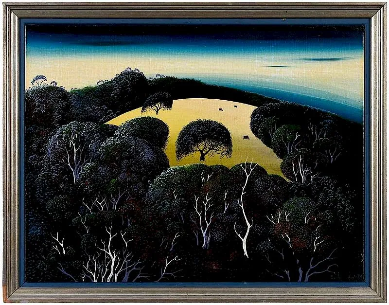 Golden Hills by Eyvind Earle, 1974, oil on Masonite, sold Feb 2020