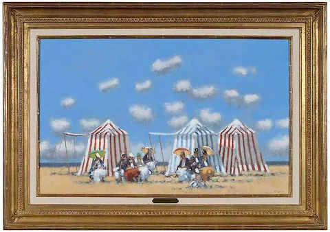 Frederick H. McDuff, Cabanas and Figures on a Beach, oil on canvas