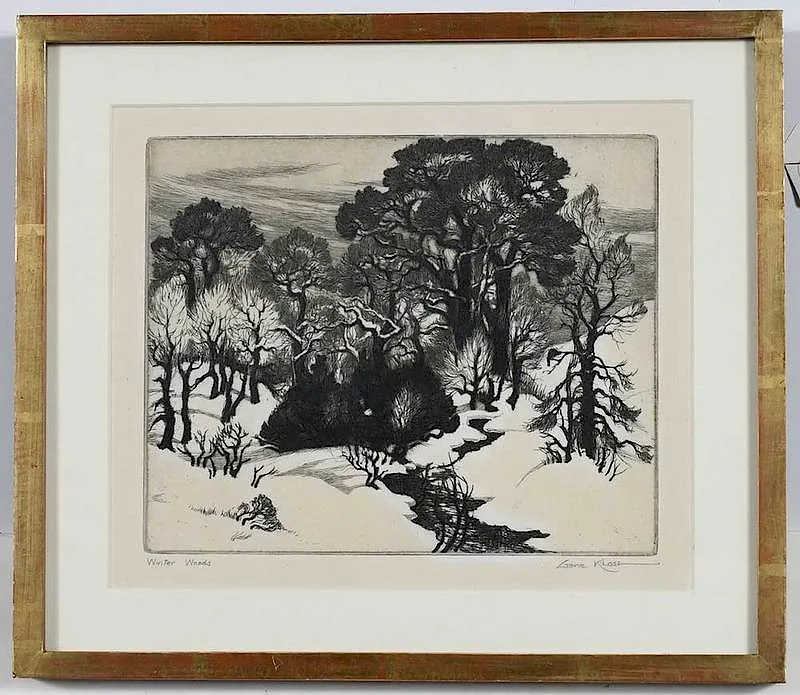 Winter Woods by Gene Kloss, 1941, etching, sold Feb 2020