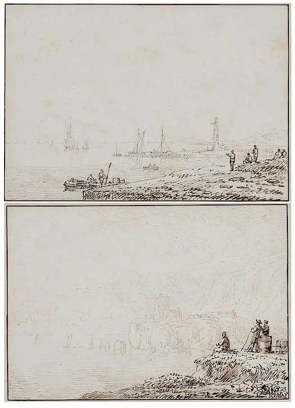 Anthony Devis, Two Harbor Scenes, pen and sepia ink
