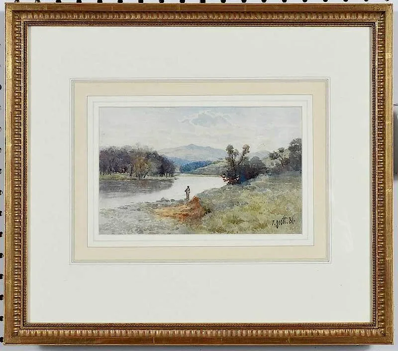 Fisherman on a River by Tom Scott, watercolor on paper, sold Feb 2020
