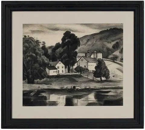 George Davidson, Farm Scene, charcoal on paper