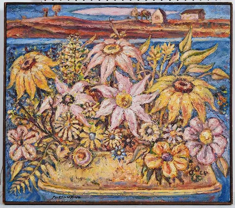 Peter Passuntino, Still Life with Landscape, oil on canvas