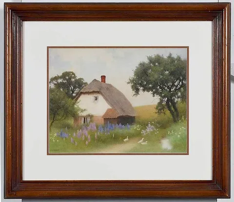 Benjamin D. Sigmund, Cottage with Delphiniums, watercolor and guoache on paper