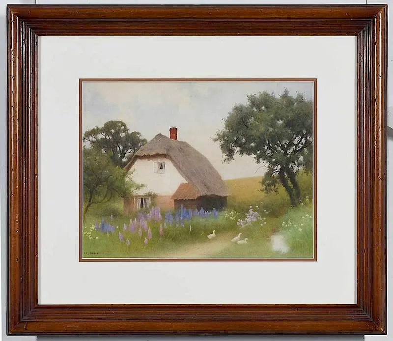 Benjamin D. Sigmund, Cottage with Delphiniums, watercolor and guoache on paper