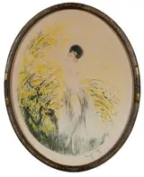Louis Icart, Forsythia, label verso title "Summer