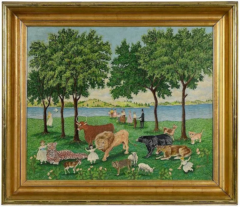Albert Webster Davies, Peaceable Kingdom (3rd version), oil on Masonite